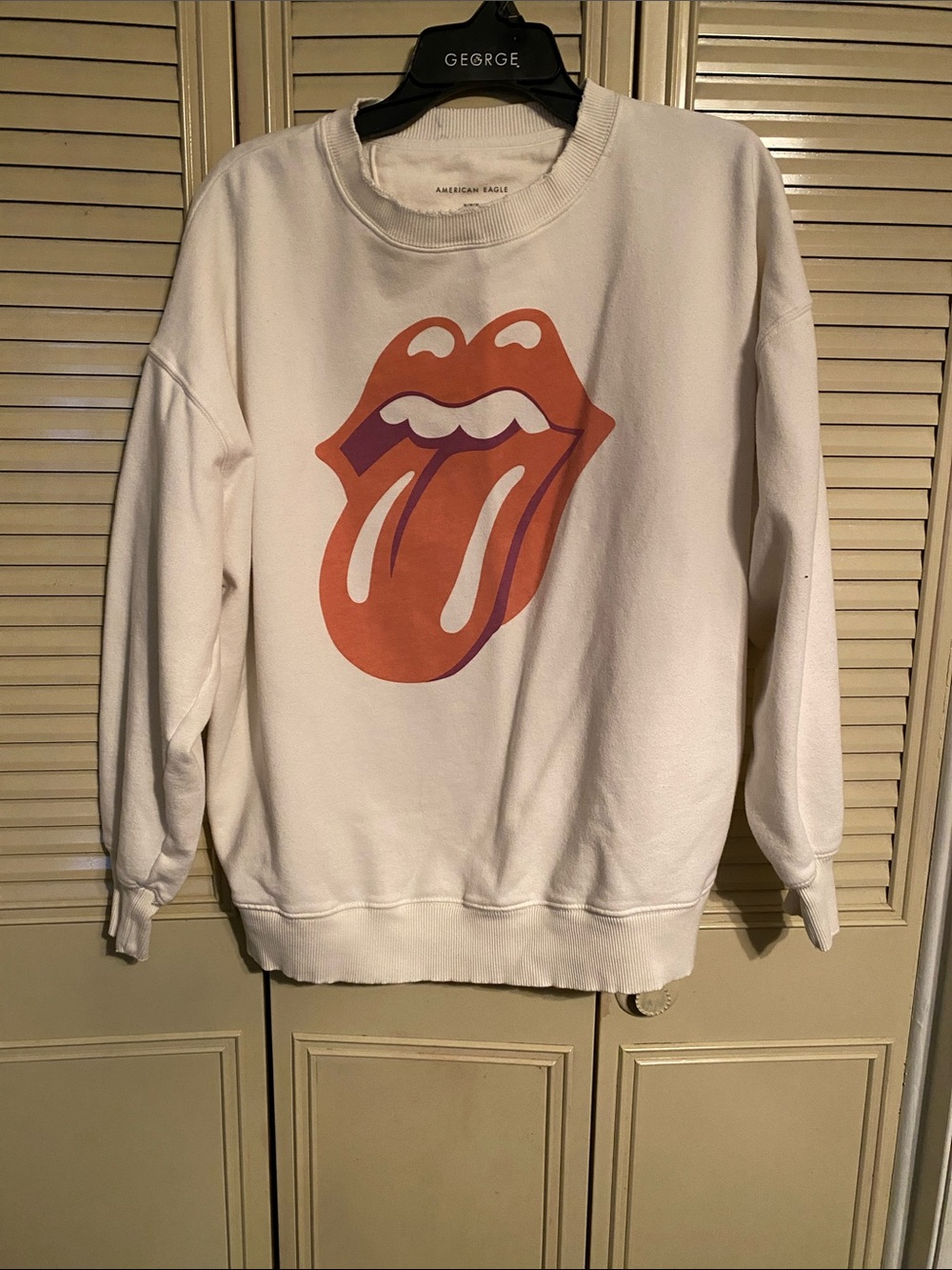 American Eagle Outfitters Cream Crewneck Sweatshirt with Orange Graphic Tongue